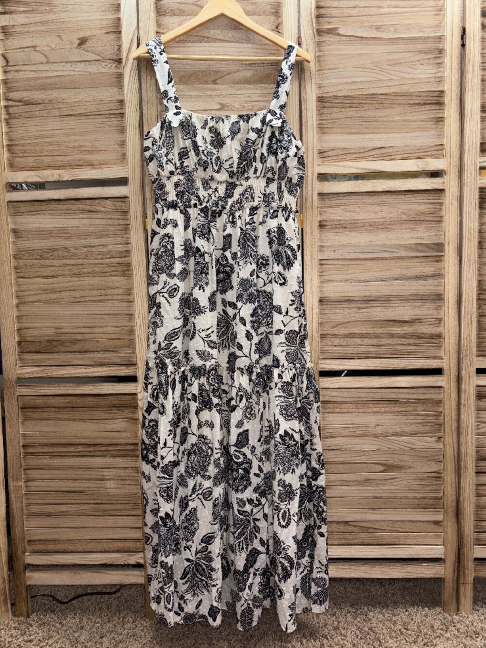 Taylor Black White Floral Swiss Dot Maxi Dress 14